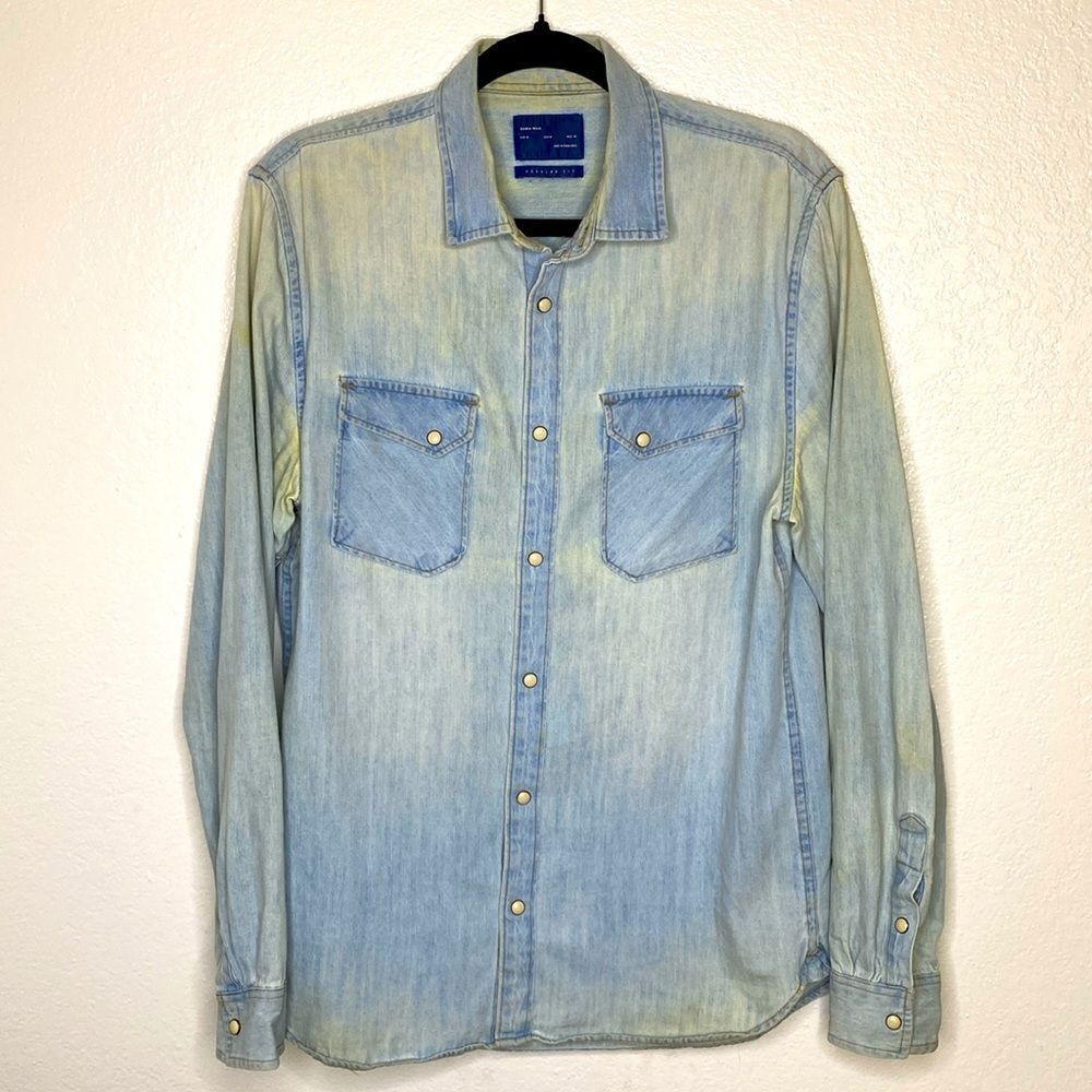 Zara Man Western Light Blue Denim Button Down Collar Shirt M